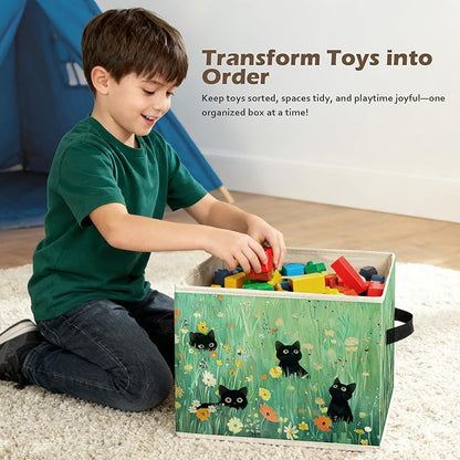 Floral Black Cat Green Meadow Storage Box Bins, Wildflower Filed Black Cat Collapsible Storage Basket Organizer for Girls Bedroom Laundry Room Home Clothes Toys Books, Toybox for Girls