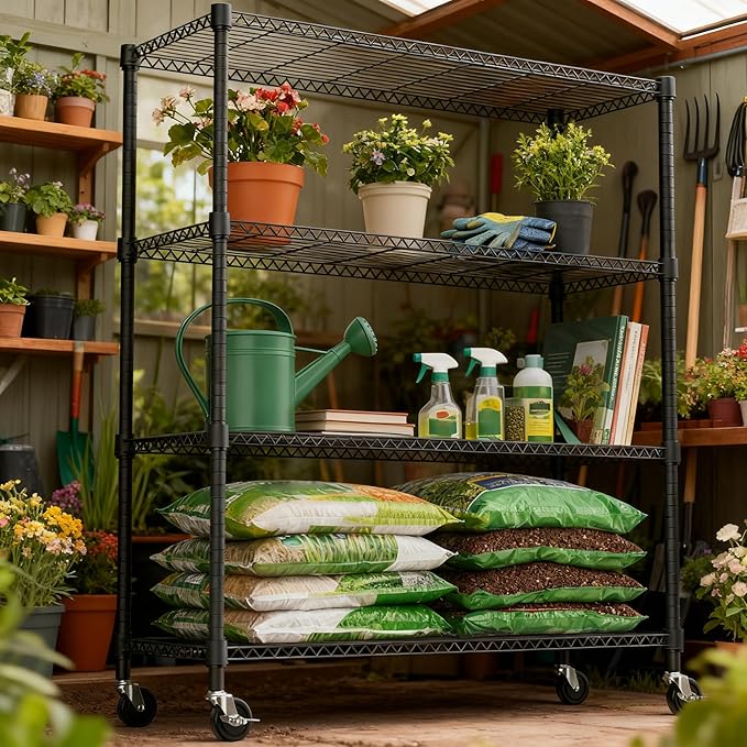 1400LBS 47.2" W 4 Tiers Storage Shelves Metal Shelving Unit with Wheels Heavy Duty Garage Shelving Adjustable Wire Shelves for Pantry,Kitchen,Garage,Basement,Black 17.7" D x 47.2" W x 62.7" H