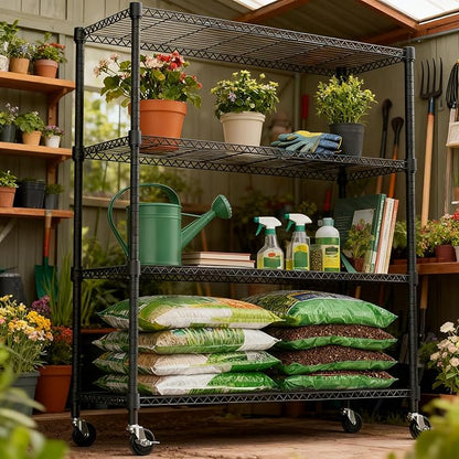 1400LBS 47.2" W 4 Tiers Storage Shelves Metal Shelving Unit with Wheels Heavy Duty Garage Shelving Adjustable Wire Shelves for Pantry,Kitchen,Garage,Basement,Black 17.7" D x 47.2" W x 62.7" H