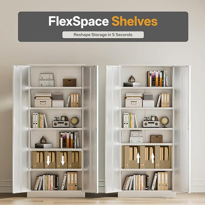 Steel SnapIt Cabinet, 71 Inch Metal Storage Cabinet with Locking Doors and 5 Adjustable Shelves, Garage Cabinet, Tool Cabinets for Office and Home Use (White)