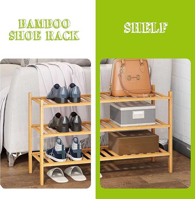 BMOSU 3-Tier Bamboo Shoe Rack Premium Stackable Shoe Shelf Storage Organizer for Hallway Closet Living Room Entryway Organizer (Natural Bamboo)