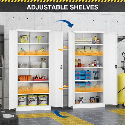 Metal Storage Cabinet-71” Tall Steel File Cabinets with Lockable Doors and Adjustable Shelves-White Steel Storage Cabinet for Home,Kitchen, School, Office, Garage