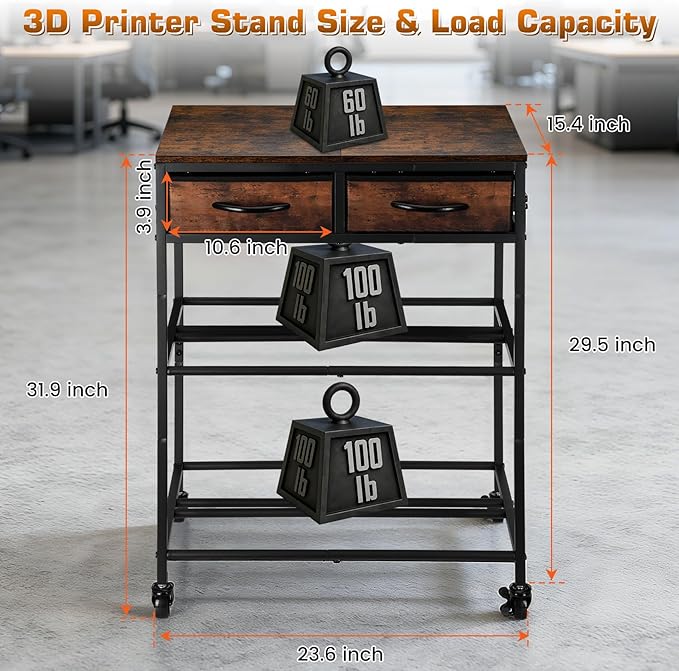 3D Printer Filament Storage Shelf with Drawers& Wheels, Heavy Duty 2-Tier 3D Printer Filament Metal Stand with Storage, Adjustable Filaments Organzied Rack for Workshop Studio Office, 4 Leveling Feet