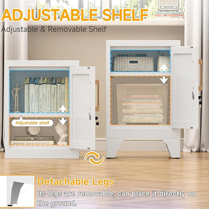 23.6" H Metal Locker Nightstand Set of 2,White Locking Night Stand with Door and Adjustable Shelf, Small Locker Cabinet with Detachable Legs for Home Office,Living Room or Bedroom,Easy Assembly