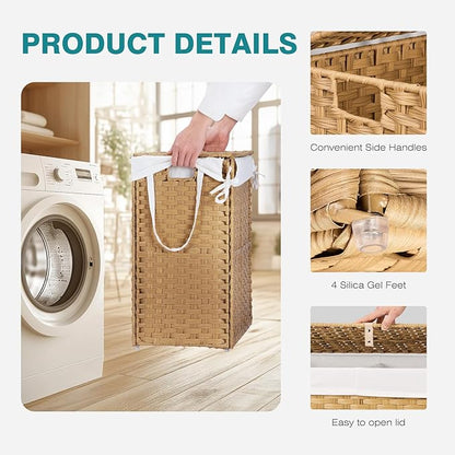DUMOS Wicker Laundry Basket with Lid, 29.6 Gallon (112L) Woven Laundry Hamper with Handles, Foldable Rattan Clothes Hamper with Removable Liner & Sturdy Steel Frame, Goose Yellow