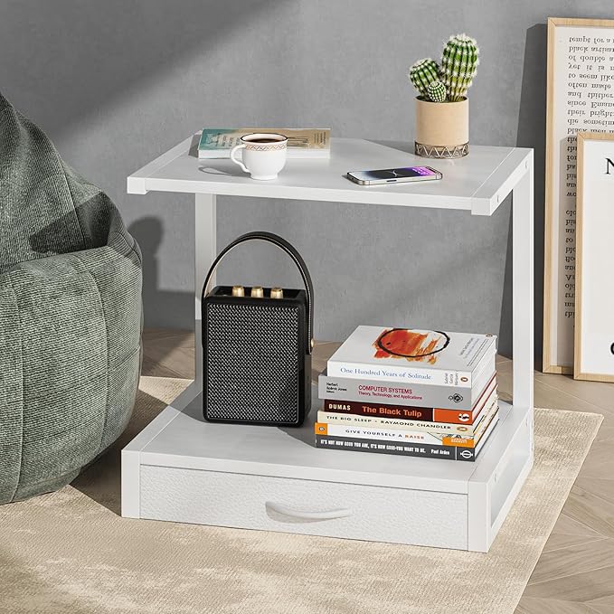 YAOHUOO 2-Tier Desktop Printer Stand with Fabric Drawer, Prtiner Table with Storage Shelf, Desk Organizer for Home Office,3D Printer,Fax Machine,Scanner, 17.3"x11.8" White