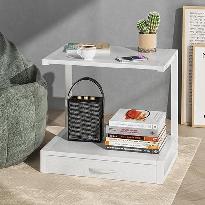 YAOHUOO 2-Tier Desktop Printer Stand with Fabric Drawer, Prtiner Table with Storage Shelf, Desk Organizer for Home Office,3D Printer,Fax Machine,Scanner, 17.3"x11.8" White