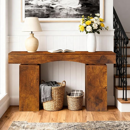 63 Inch Long Entryway Table Bold, Wooden Console Table with Socket Farmhouse Sofa Table for Entrance, Hallway, Living Room, Behind Couch(Rustic Brown)