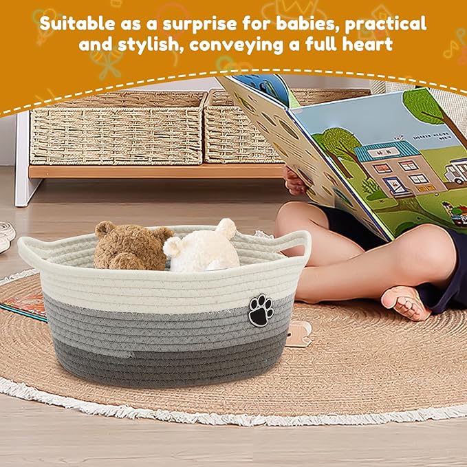 Woven Toy Storage Basket Bin Dog Toy Basket Foldable Cotton Rope Box Multipurpose Woven Case Portable Diaper Organizer Box for Toys Living Room Bathroom (Grey White)