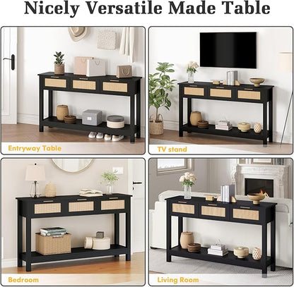 Luoxiao Entryway Table with 3 Rattan Drawers, 47" Narrow Console Table with Storage Shelf, Modern Black Sofa Table for Living Room Hallway Foyer, Slim Entry Way Cabinet, Anti-Tip, Easy Assembly