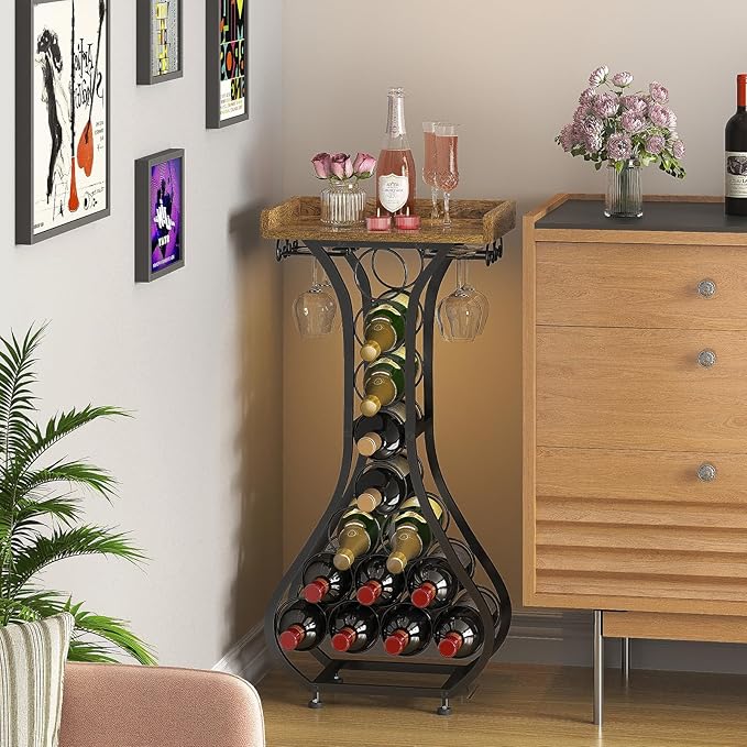 X-cosrack Wine Rack Freestanding Floor, Mini Bar Table Wine Holder Stand Liquor Cabinet with Glass Holder Wood Tabletop 14 Bottles Floor Wine Storage for Home Bar Kitchen Living Room