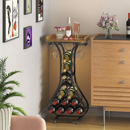 X-cosrack Wine Rack Freestanding Floor, Mini Bar Table Wine Holder Stand Liquor Cabinet with Glass Holder Wood Tabletop 14 Bottles Floor Wine Storage for Home Bar Kitchen Living Room