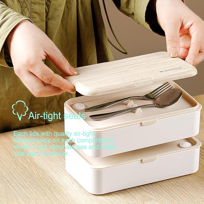 Original Bento Box Lunch Box Japanese Style 2 Layer Food Containers with Utensils Spoon and Fork Bundle Divider Salad Box for Men Women(Pink)
