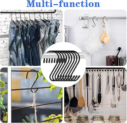 12 Pack 6 Inch Large S Hooks, Heavy Duty Vinyl Coated Non-Slip Metal Black Hooks for Hanging, Closet Kitchen Bathroom Garden Hooks for Pots Pans Clothes Plants Jeans Towels