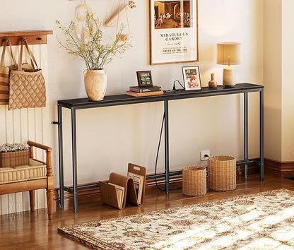 SUPERJARE 70 Inch Console Table with Outlet, Sofa Table with Charging Station, Narrow Entryway Table, Skinny Hallway Table, Behind Couch Table, for Living Room, Black