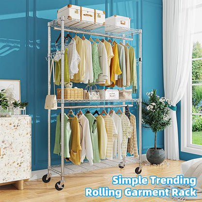 Simple Trending Clothing Garment Rack with 3 Tiers Storage Shelves, Heavy Duty Rolling Clothes Organizer Double Rods with Wheels for Hanging Clothes, Chrome