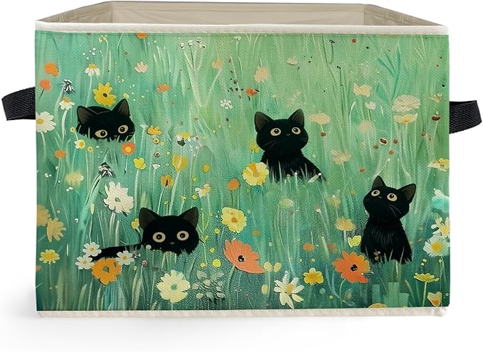 Floral Black Cat Green Meadow Storage Box Bins, Wildflower Filed Black Cat Collapsible Storage Basket Organizer for Girls Bedroom Laundry Room Home Clothes Toys Books, Toybox for Girls