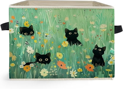 Floral Black Cat Green Meadow Storage Box Bins, Wildflower Filed Black Cat Collapsible Storage Basket Organizer for Girls Bedroom Laundry Room Home Clothes Toys Books, Toybox for Girls