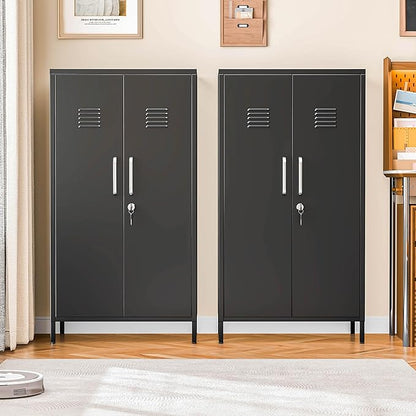 47" Metal Storage Locker, Lockable Employees Metal Locker with 2 Door and Adjustable Shelves, Steel Locker for Home, School, Office, Gym (Black)