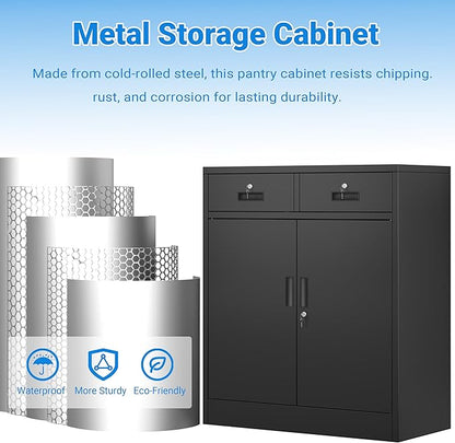 CJF Metal Storage Cabinet, Locking Cabinet with Adjustable Shelf and 2 Drawers, Metal Cabinets for Office, Home, Garage 36" H x 32" W x 16" D (Black)