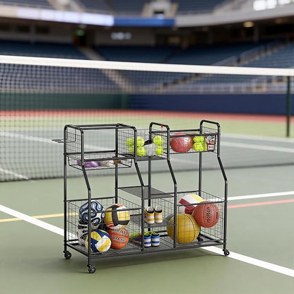 Garage Sports Equipment Organizer with Wheels - Ball Storage Rack with Elastic Rope or Wire Mesh,Garage Organizer System,Indoor/Outdoor Sports Rack for Sports Gear and Toys Storage,Black