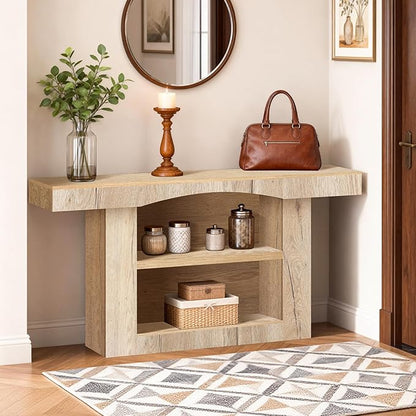 63 Inch Entryway Table Three-Shelf Cabinet, Wooden Console Table with Socket Farmhouse Sofa Table for Entrance, Hallway, Living Room,Behind Couch(Natural Brown)