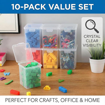 10 Pack Small Clear Storage Bins with Lids - Stackable Plastic Organizer Boxes for Crafts, Art Supplies, Jewelry, Beads, Office Tools - 3.54x3.54x4.53 Inch – Square Medium