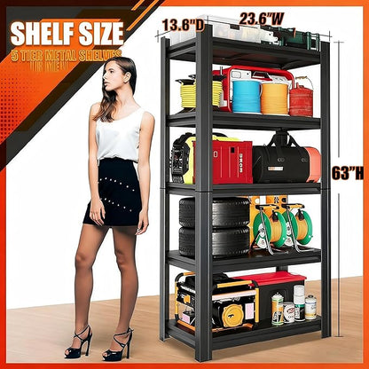24"W Metal Garage Shelving Unit, Heavy Duty Adjustable Storage Rack, Steel Shelving, Industrial Shelves for Heavy Tools and Equipment, Ideal for Garage, Basement, Black (5-Tier 63"Hx23.6"Wx13.8"D)