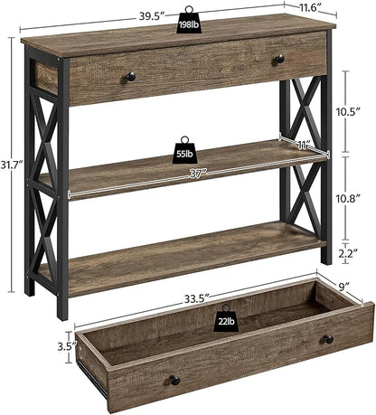 Yaheetech Console Table with Drawer and 2 Open Storage Shelves, Sofa Table for Living Room, 3-Tier Narrow Entryway Table, X-Shaped Design, Taupe Wood