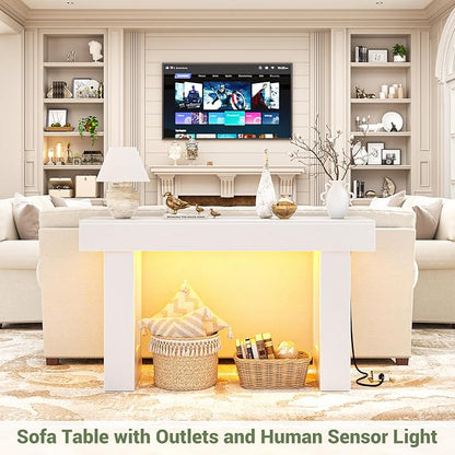 Unikito 47" Entryway Table with Socket and Sensor Light, Narrow Console Table with Storage Behind Couch, Farmhouse Entry Way Tables with Open Storage for Entrance/Hallway/Living Room, White