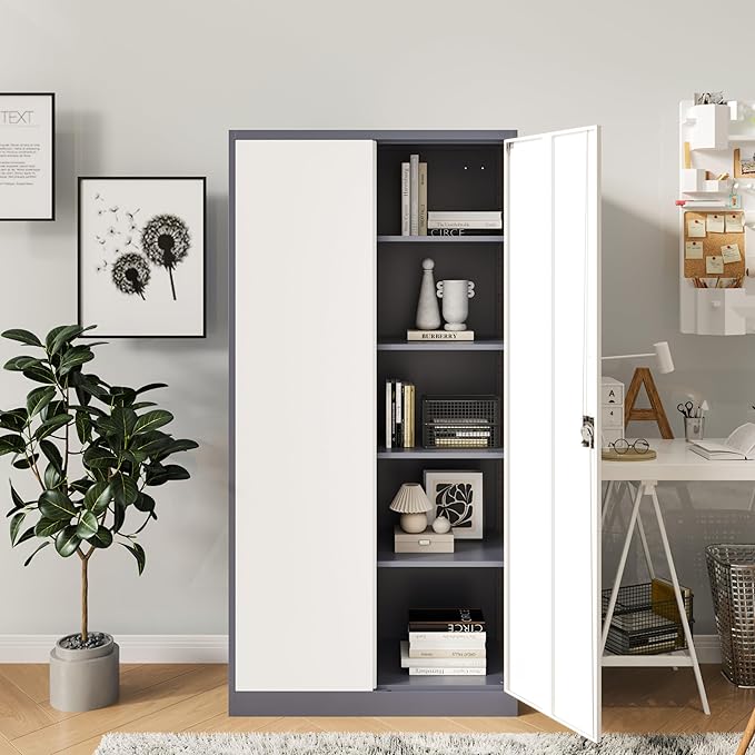 Metal Storage Cabinet with 2 Doors and 4 Adjustable Shelves, 71" Steel Garage Storage Cabinet, Locking Tool Cabinets for Office, Home,School,Kitchen,Garage Tool Utility Cabinet