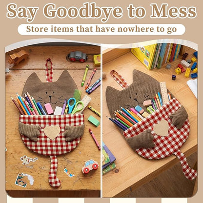 Cute Hanging Wall Storage Bag Cat Room Decor Cat Toy Hanging Organizer with Pocket Cotton Linen over The Door Storage Basket Corduroy and Checkered Pouch for Home Nursery Bathroom Bedroom Kitchen
