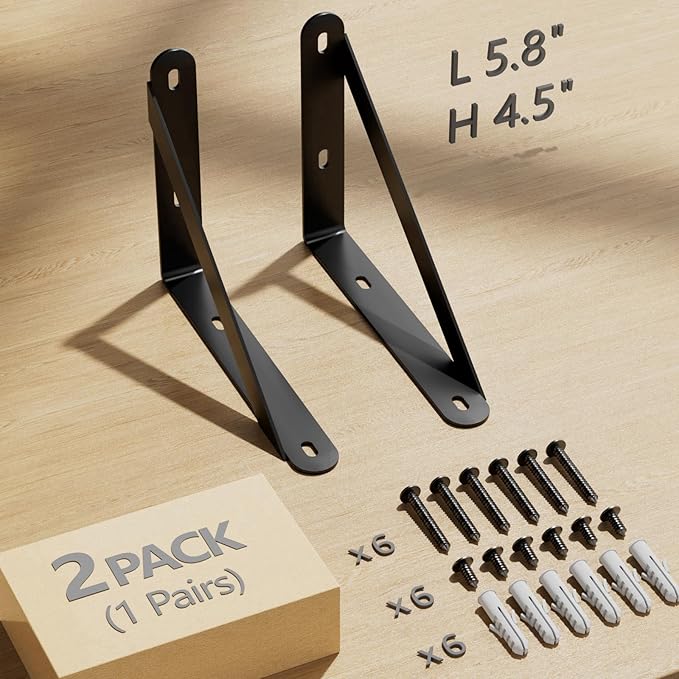6x4.5 Shelf Brackets 2-Pack, Shelf Support Shelf Holder Steel Wall Mount Heavy Duty Small L Shape Triangle 90 Degree Metal Black with Screws Anchors Soporte de Estante
