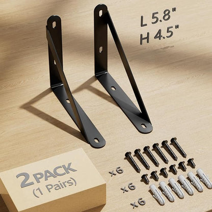 6x4.5 Shelf Brackets 2-Pack, Shelf Support Shelf Holder Steel Wall Mount Heavy Duty Small L Shape Triangle 90 Degree Metal Black with Screws Anchors Soporte de Estante