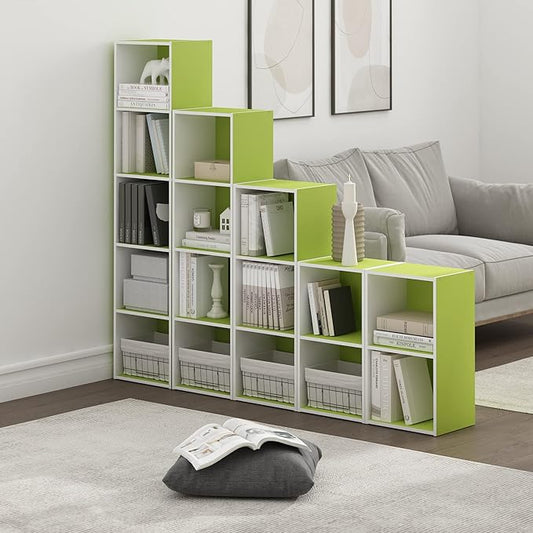 Furinno PASIR Book Shelf, 2-Tier Modern Bookshelf, Open Shelves Bookcase 9 x 12 x 21, for Living Room, Bedroom, Home Office, Green/White