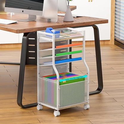 5-Tier Rolling File Cart with Hanging File Folders, Mobile Desk File Organizer on Lockable Wheels, Wood & Mesh Paper Letter Sliding Trays Organization for Office, Home, School, Patent