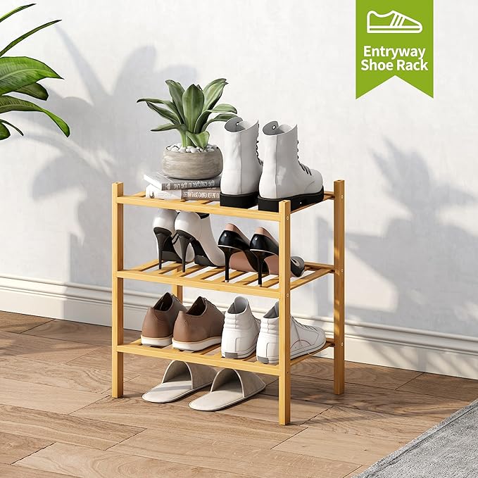 BMOSU 3-Tier Bamboo Small Shoe Rack Premium Stackable Shoe Shelf Storage Organizer for Hallway Closet Living Room Entryway Organizer (Natural Bamboo)