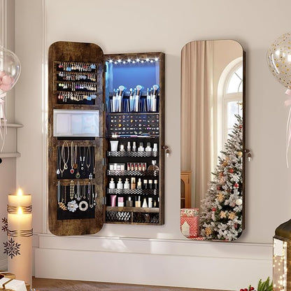 Vlsrka 6 LEDs Mirror Jewelry Cabinet Door Hanging, 47.2" Wall Mounted Jewelry Cabinet, Lockable Full Length Mirror with Storage, Rounded Corner Mirror Jewelry Organizer, 2 Drawers, Rustic Brown