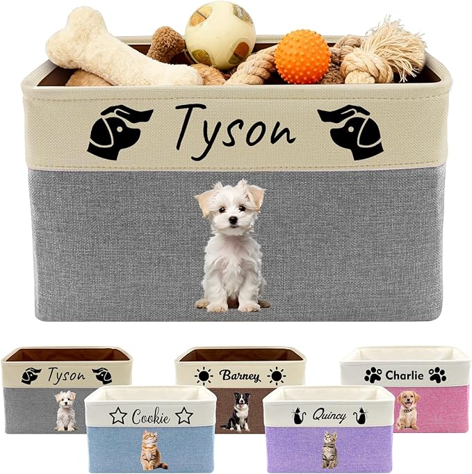 Personalized Dog Toy Basket with Name Photo Custom Dog Food Storage Bins Collapsible Organizer for Toys Dolls Clothing-Grey