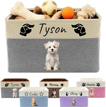 Personalized Dog Toy Basket with Name Photo Custom Dog Food Storage Bins Collapsible Organizer for Toys Dolls Clothing-Grey