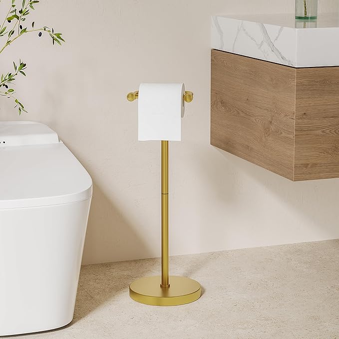 Toilet Paper Holder Stand, Modern Bathroom Free Standing Toilet Paper Roll Holder, Post Pivoting Toilet Paper Stand with Stainless Steel Tissue Rack, Rust-Proof & Heavy Stable Base（Brushed Gold）
