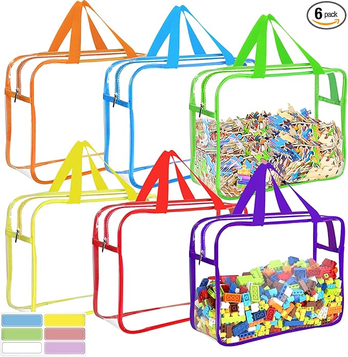 6 Packs Large Toy Storage Bags with Labels, Reusable Clear PVC Board Game Storage, Travel Waterproof Organizer Bags with Zipper for Building Blocks, Puzzle, Kids Books（6 Colors）