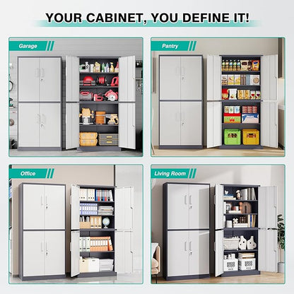 SISESOL Storage Cabinets With Doors And Shelves, 71'' Metal Garage Cabinet Locking, Adjustable Layers For Home Gym, bathroom, kitchen, office, Gray White