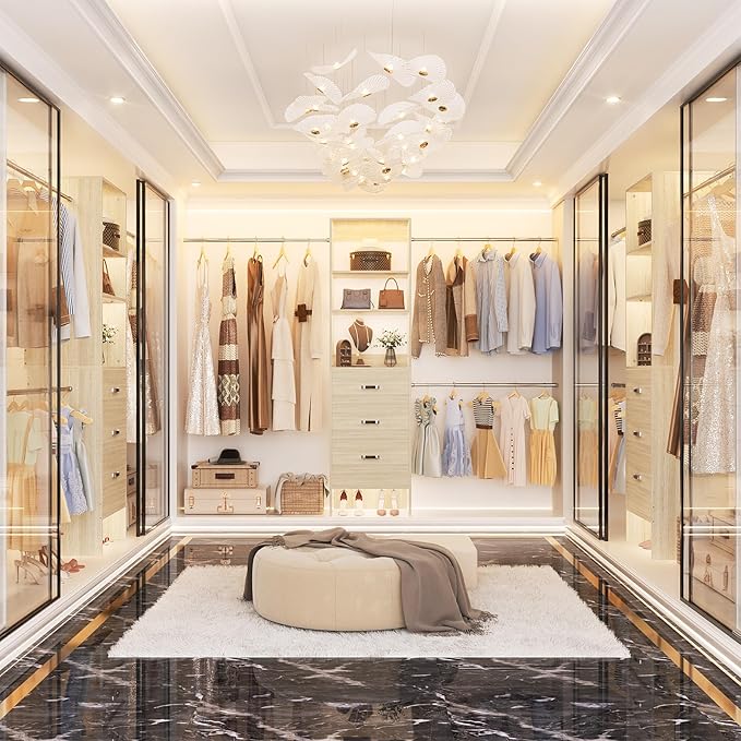 96'' Closet Organizer System with 3 Hanging Rods, 8FT Closet Organizers and Storage with 3 Wooden Drawers, Built in Closet Organizer Systems, Adjustable Walk-in Wardrobe from 2-8FT, White Oak
