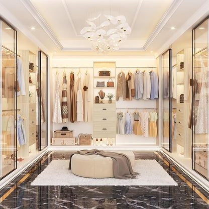 96'' Closet Organizer System with 3 Hanging Rods, 8FT Closet Organizers and Storage with 3 Wooden Drawers, Built in Closet Organizer Systems, Adjustable Walk-in Wardrobe from 2-8FT, Light Oak