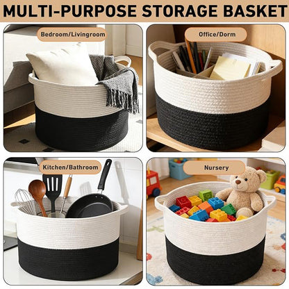 90L Large Blanket Basket,21.7"L x 21.7"W x 13.8"H Rope Woven Baskets with Handles, Toys Storage Bins,Laundry Basket Perfect for Living Room, Nursery,Bedroom,Home Organization,White&Black
