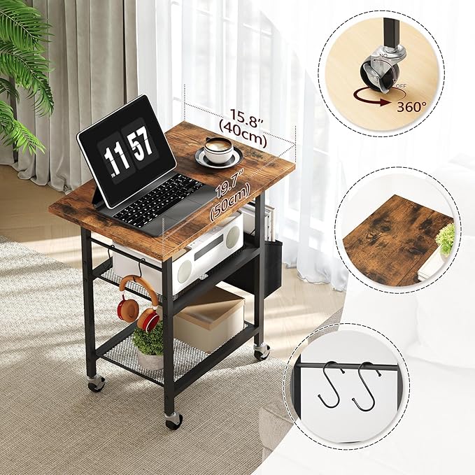 3-Tier Printer Stand, Rolling Printer Table on Wheels, Industrial Storage Stand with Side Pocket, Wooden Tabletop, 2 S-Shaped Hooks, for Home Office, Rustic Brown and Black PTHR2501