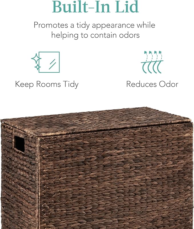 Best Choice Products Large Double Laundry Hamper with Lid, Natural Handwoven Water Hyacinth, 2 Sections w/ 2 Machine Washable Linen Liner Bags, Portable, Handles - Espresso