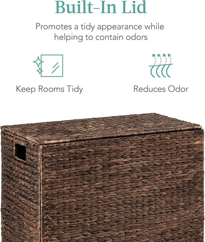 Best Choice Products Large Double Laundry Hamper with Lid, Natural Handwoven Water Hyacinth, 2 Sections w/ 2 Machine Washable Linen Liner Bags, Portable, Handles - Espresso
