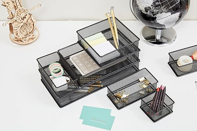 Annova Mesh Stackable Drawer Cabinet and Shelf Organizer Bins Storage Basket School Office Supply Holder Tray- Set of 2 (Black, 6x6x2 Inch)